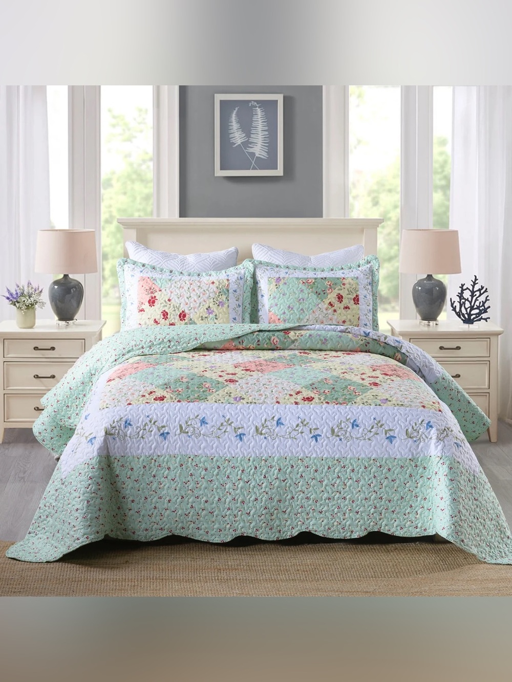 3 PIECE FLORAL PATCHWORK QUILT SET – LIGHTWEIGHT COTTAGE GARDEN BEDSPREAD